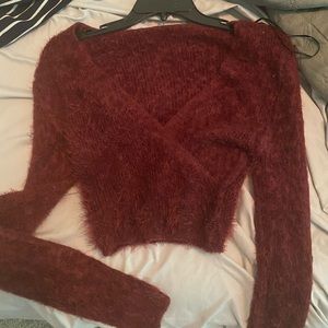 Maroon Fuzzy V neck Sweater